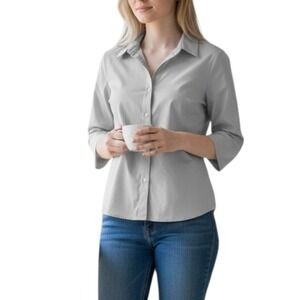 Foxcroft NYC Womens Button Up Cotton Stretch Non-Iron Shirt sz L Silver Tailored